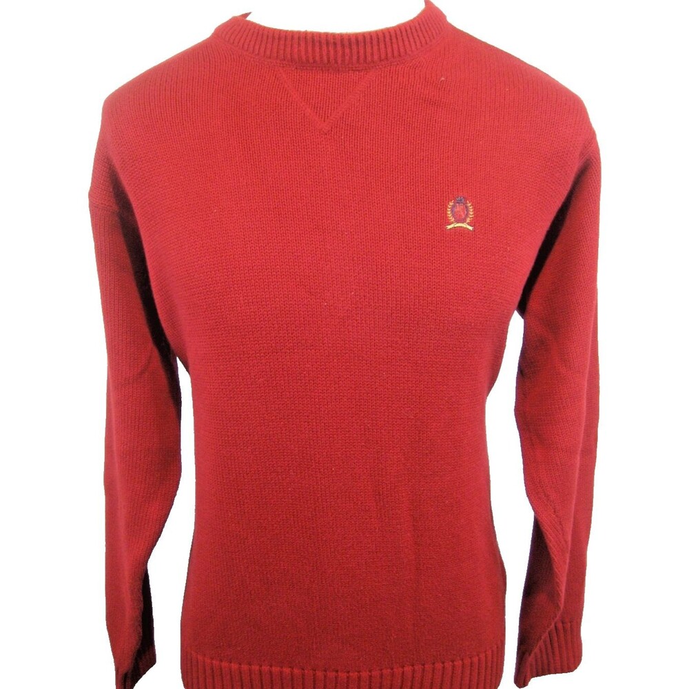 Mens Tommy Hilfiger Burgundy Tight Knit Crew Neck Cotton Sweater sz Lg